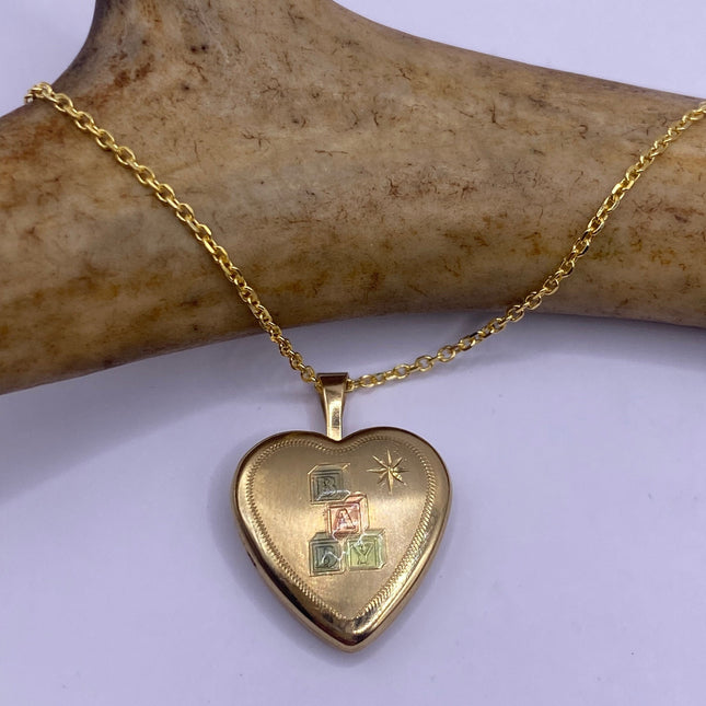Vintage Gold Locket | Tiny 9k Gold Filled Heart Pendant Photo Charm Engraved ABC blocks - BABY | Gold 925 Sterling Silver Chain Necklace