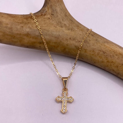 Vintage 9k Gold Filled Tiny Cross on a Gold Filled Chain Necklace - Diamond look, sparkle, minimalist, antique design