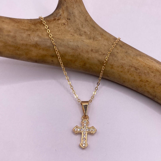 Vintage 9k Gold Filled Tiny Cross on a Gold Filled Chain Necklace - Diamond look, sparkle, minimalist, antique design