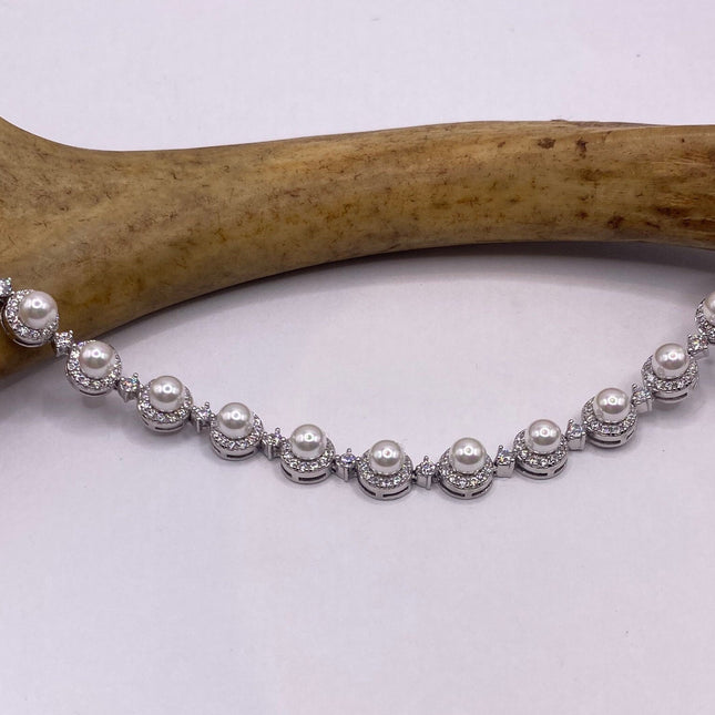 Vintage Silver Tennis Bracelet | Pearl Beads Gemstone Cubic Zirconia Crystal Diamond | 925 Sterling Silver