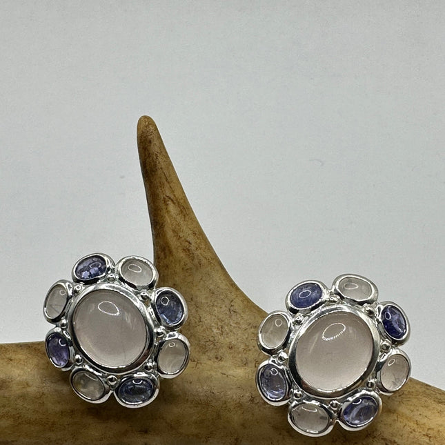 Vintage Silver Earrings | Rose Quartz Iolite Button Gemstone 925 Sterling Silver Flower Design Earrings
