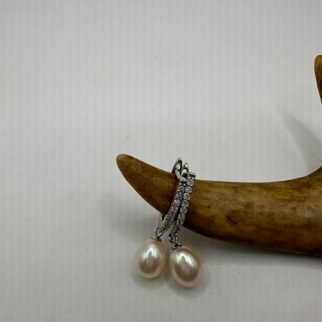Vintage Silver Earrings | Deco White Pearl 925 Sterling Silver Hoop Earrings