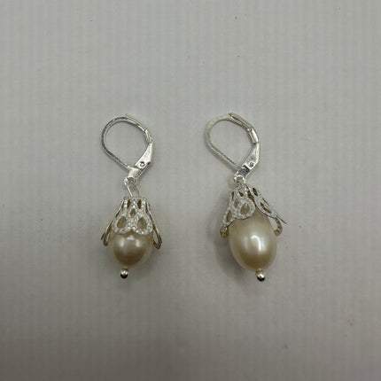 Vintage Silver Earrings | Deco White Pearl 925 Sterling Silver Chain Earrings