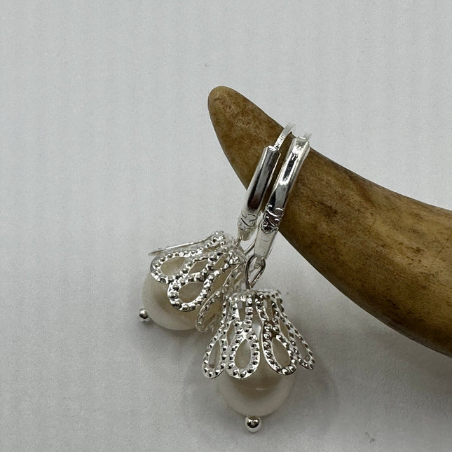 Vintage Silver Earrings | Deco White Pearl 925 Sterling Silver Chain Earrings