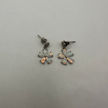 Vintage Silver Stud Earrings | White Fire Opal Sapphire Gemstones Multi Stone Flower Cluster | 925 Sterling Silver Stud Drop Earrings