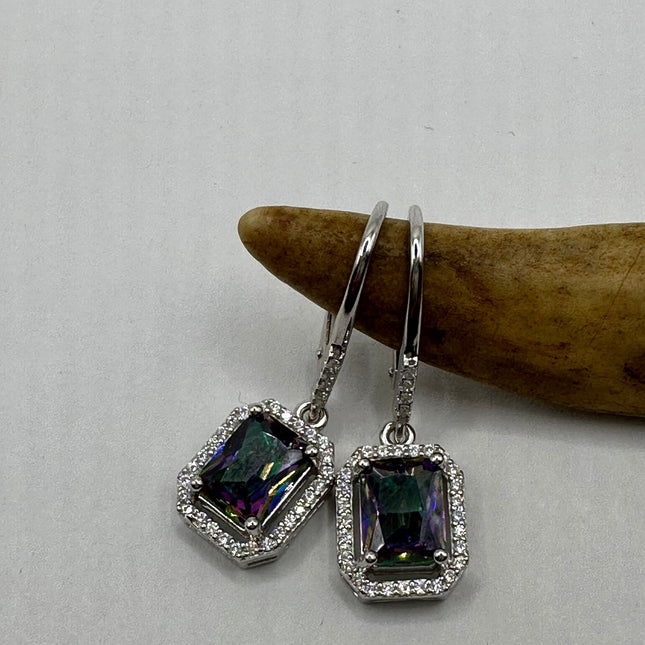 Vintage Silver Earrings | Blue Mystic Topaz White Sapphire Gemstone Dangle Drop Chandelier Earrings | 925 Sterling Silver