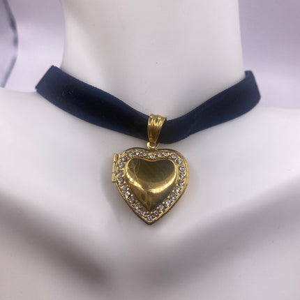 Vintage Gold Locket | Small Heart Clear Crystal Memory Charm | Golden Stainless Steel Pendant Holds Tiny Photo | Ribbon Choker Necklace