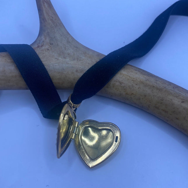 Vintage Gold Locket | Small Heart Clear Crystal Memory Charm | Golden Stainless Steel Pendant Holds Tiny Photo | Ribbon Choker Necklace