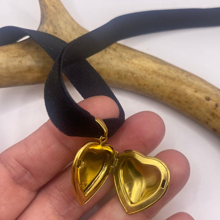 Vintage Gold Locket | Small Heart Clear Crystal Memory Charm | Golden Stainless Steel Pendant Holds Tiny Photo | Ribbon Choker Necklace