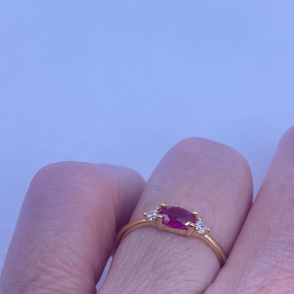 Vintage Pink Ruby Ring Tiny Crystal Stacking Ring - Gold 925 Sterling Silver