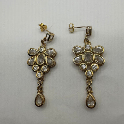 Vintage Gold Earrings | White Topaz Gemstone Deco Crystal Cluster | Golden 925 Sterling Silver Chandelier Earrings | Special Occasion