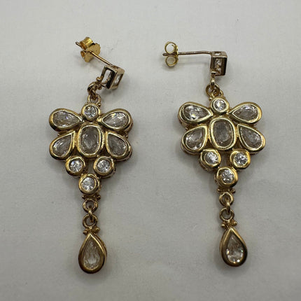 Vintage Gold Earrings | White Topaz Gemstone Deco Crystal Cluster | Golden 925 Sterling Silver Chandelier Earrings | Special Occasion