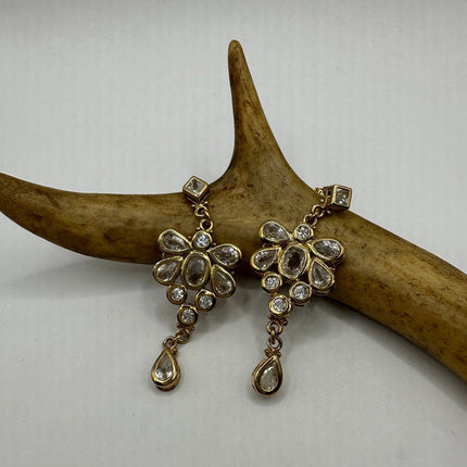 Vintage Gold Earrings | White Topaz Gemstone Deco Crystal Cluster | Golden 925 Sterling Silver Chandelier Earrings | Special Occasion