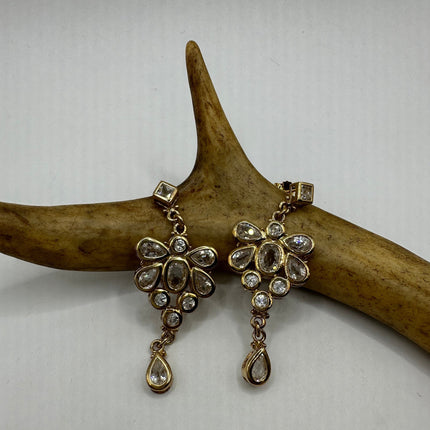Vintage Gold Earrings | White Topaz Gemstone Deco Crystal Cluster | Golden 925 Sterling Silver Chandelier Earrings | Special Occasion