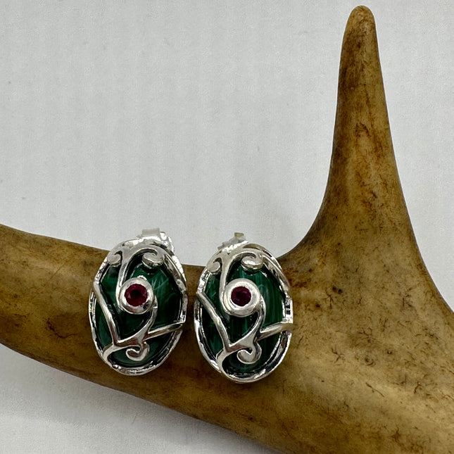 Vintage Silver Earrings | Green Malachite Red Ruby Gemstone Deco Stud Button Earrings | 925 Sterling Silver