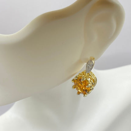 Vintage Gold Earrings | Citrine White Sapphire Deco Gemstone Dangle Drop | Golden 925 Sterling Silver Earrings