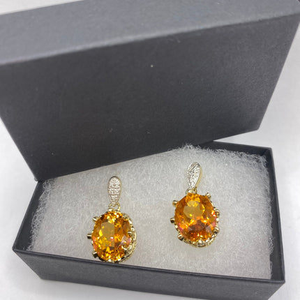 Vintage Gold Earrings | Citrine White Sapphire Deco Gemstone Dangle Drop | Golden 925 Sterling Silver Earrings