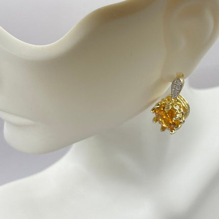 Vintage Gold Earrings | Citrine White Sapphire Deco Gemstone Dangle Drop | Golden 925 Sterling Silver Earrings