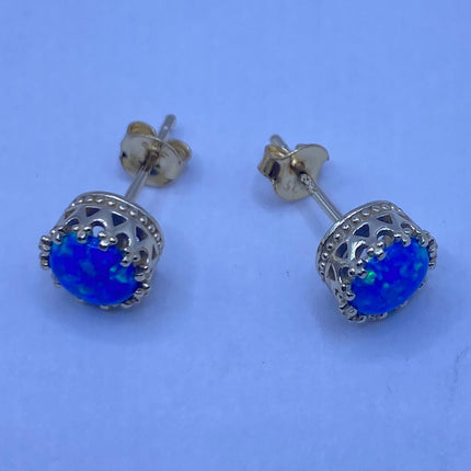 Tiny Gold Earrings | Mini Blue Fire Opal Gemstone | Golden 925 Sterling Silver Dainty Stud Button Earrings