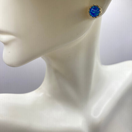 Tiny Gold Earrings | Mini Blue Fire Opal Gemstone | Golden 925 Sterling Silver Dainty Stud Button Earrings