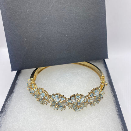 Vintage Gold Bangle | Aquamarine Blue Topaz Floral Flower Design Bangle Cuff | Golden 925 Sterling Silver | Something Blue Bracelet