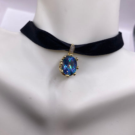 Vintage Mystic Blue Topaz Golden 925 Sterling Silver Black Velvet Choker Necklace