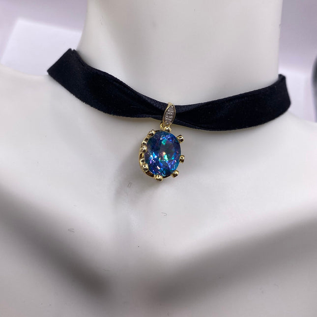 Vintage Mystic Blue Topaz Golden 925 Sterling Silver Black Velvet Choker Necklace