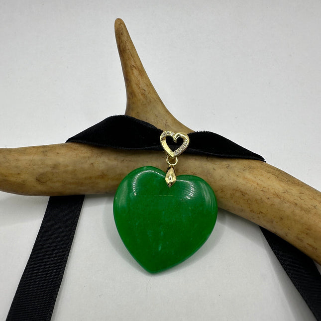 Vintage Green Jade Heart Deco Choker Necklace - Silver Bronze