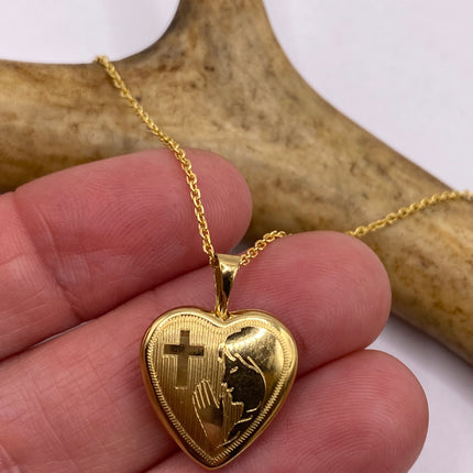 Vintage Gold Locket | Tiny 9k Gold Filled Heart Pendant Photo Charm Engraved Cross Woman Praying | Gold 925 Sterling Silver Chain Necklace