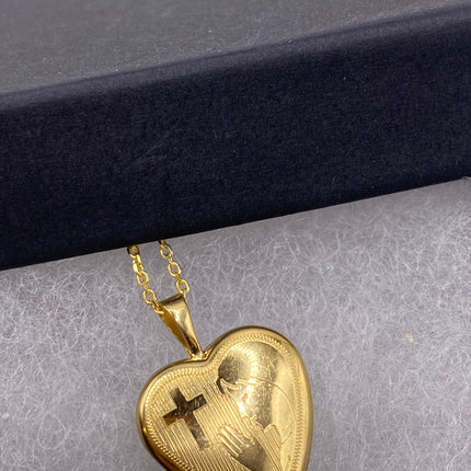 Vintage Gold Locket | Tiny 9k Gold Filled Heart Pendant Photo Charm Engraved Cross Woman Praying | Gold 925 Sterling Silver Chain Necklace