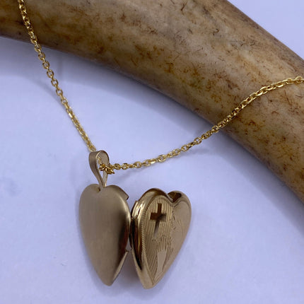 Vintage Gold Locket | Tiny 9k Gold Filled Heart Pendant Photo Charm Engraved Cross Woman Praying | Gold 925 Sterling Silver Chain Necklace