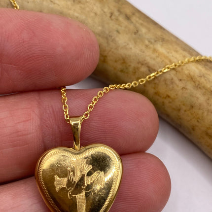 Vintage Gold Locket | Tiny 9k Gold Filled Heart Pendant Photo Memory Charm Engraved with Cross and Dove | Gold 925 Sterling Silver Necklace