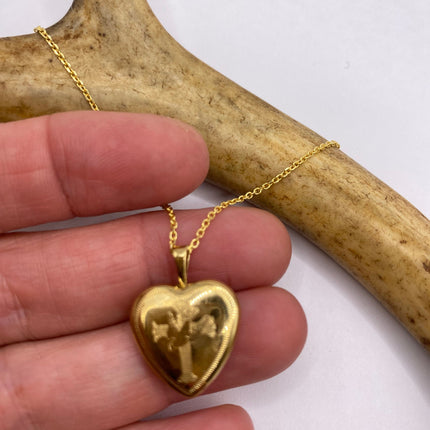 Vintage Gold Locket | Tiny 9k Gold Filled Heart Pendant Photo Memory Charm Engraved with Cross and Dove | Gold 925 Sterling Silver Necklace