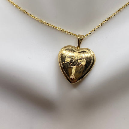 Vintage Gold Locket | Tiny 9k Gold Filled Heart Pendant Photo Memory Charm Engraved with Cross and Dove | Gold 925 Sterling Silver Necklace
