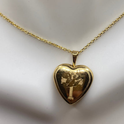Vintage Gold Locket | Tiny 9k Gold Filled Heart Pendant Photo Memory Charm Engraved with Cross and Dove | Gold 925 Sterling Silver Necklace