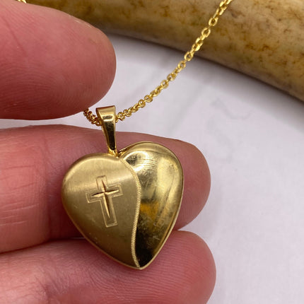 Vintage Gold Locket | Tiny 9k Gold Filled Heart Pendant Photo Memory Charm Engraved with Cross | Golden 925 Sterling Silver Chain Necklace