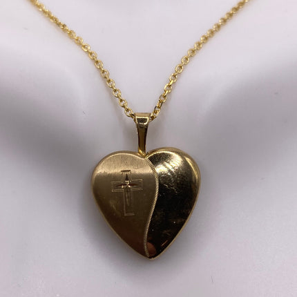 Vintage Gold Locket | Tiny 9k Gold Filled Heart Pendant Photo Memory Charm Engraved with Cross | Golden 925 Sterling Silver Chain Necklace