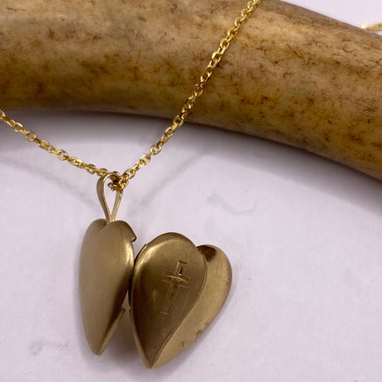 Vintage Gold Locket | Tiny 9k Gold Filled Heart Pendant Photo Memory Charm Engraved with Cross | Golden 925 Sterling Silver Chain Necklace