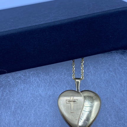 Vintage Gold Locket | Tiny 9k Gold Filled Heart Pendant Photo Memory Charm Engraved with Cross | Golden 925 Sterling Silver Chain Necklace