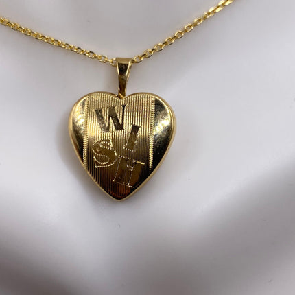 Vintage Gold Locket | Tiny 9k Gold Filled Heart Pendant Photo Memory Charm Engraved with "WISH" | Golden 925 Sterling Silver Chain Necklace