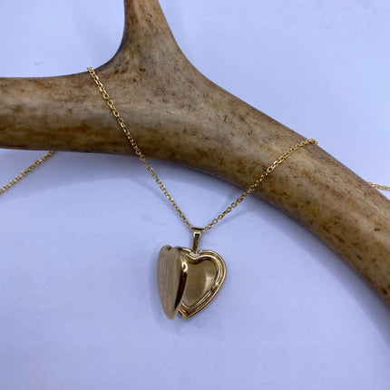 Vintage Gold Locket | Tiny 9k Gold Filled Heart Pendant Photo Memory Charm Engraved with "WISH" | Golden 925 Sterling Silver Chain Necklace