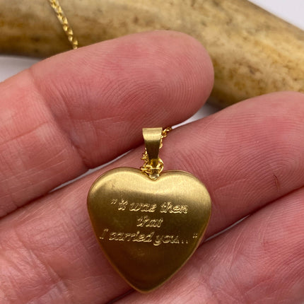 Vintage Gold Locket | Tiny 9k Gold Filled Heart Pendant Photo Memory Charm Engraved Footsteps | Golden 925 Sterling Silver Chain Necklace