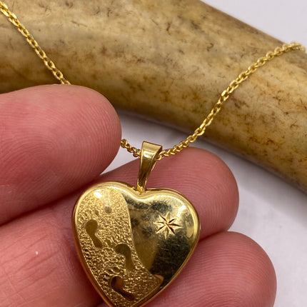 Vintage Gold Locket | Tiny 9k Gold Filled Heart Pendant Photo Memory Charm Engraved Footsteps | Golden 925 Sterling Silver Chain Necklace