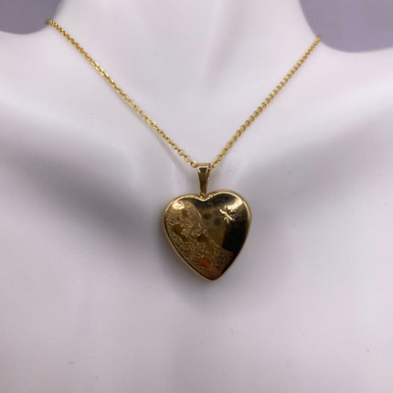 Vintage Gold Locket | Tiny 9k Gold Filled Heart Pendant Photo Memory Charm Engraved Footsteps | Golden 925 Sterling Silver Chain Necklace