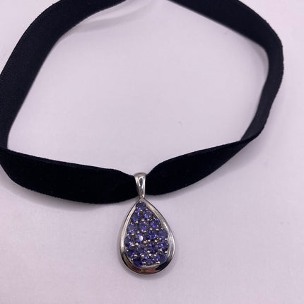 Vintage Blue Iolite 925 Sterling Silver Black Velvet Choker Necklace