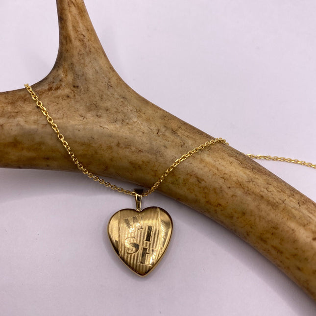 Vintage Gold Locket | Tiny 9k Gold Filled Heart Pendant Photo Memory Charm Engraved with "WISH" | Golden 925 Sterling Silver Chain Necklace