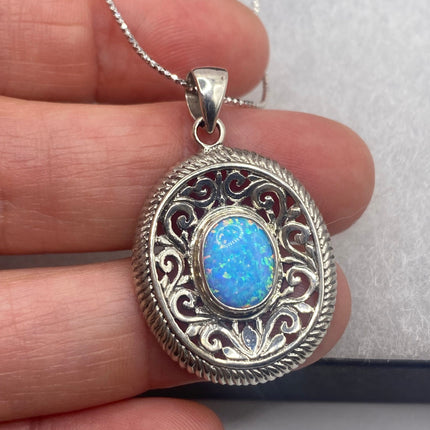 Vintage Silver Necklace | White Fire Opal Gemstone Crystal Birthstone Pendant on 925 Sterling Silver Chain Necklace