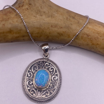 Vintage Silver Necklace | White Fire Opal Gemstone Crystal Birthstone Pendant on 925 Sterling Silver Chain Necklace