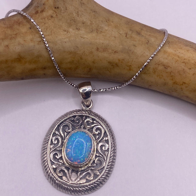 Vintage Silver Necklace | White Fire Opal Gemstone Crystal Birthstone Pendant on 925 Sterling Silver Chain Necklace