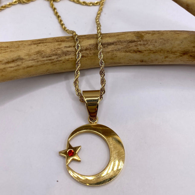Vintage Gold Pendant | Nation of Islam Muslim Moon Crescent Star Charm | Golden Stainless Steel 22 Inch Chain Necklace